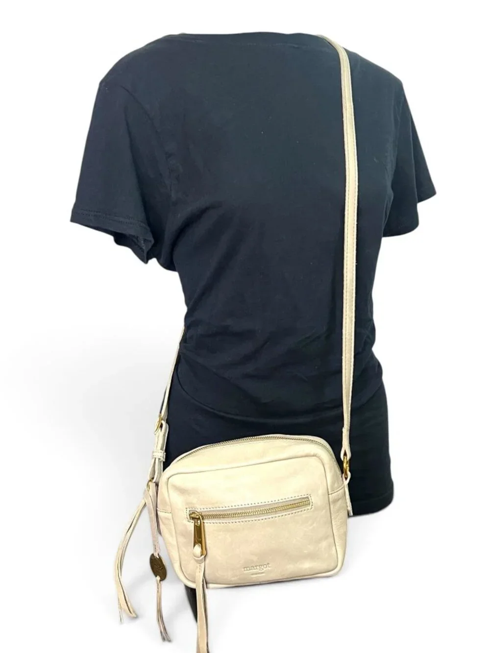 Margot New York Leather Crossbody Bag Beige With Gold Hardware Adjustable Strap
